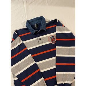 Warner Bros Long Sleeve Men XL Blue Grey Cotton Stripe Golf Polo Daffy Duck 2055